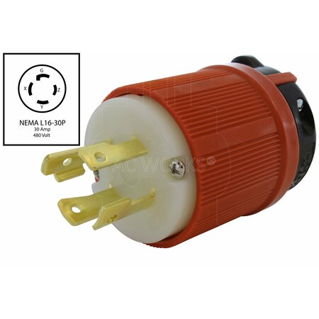 Ac Works NEMA L16-30P 3-Phase 30A 480V 4-Prong Locking Male Plug with UL, C-UL Approval in Orange ASL1630P